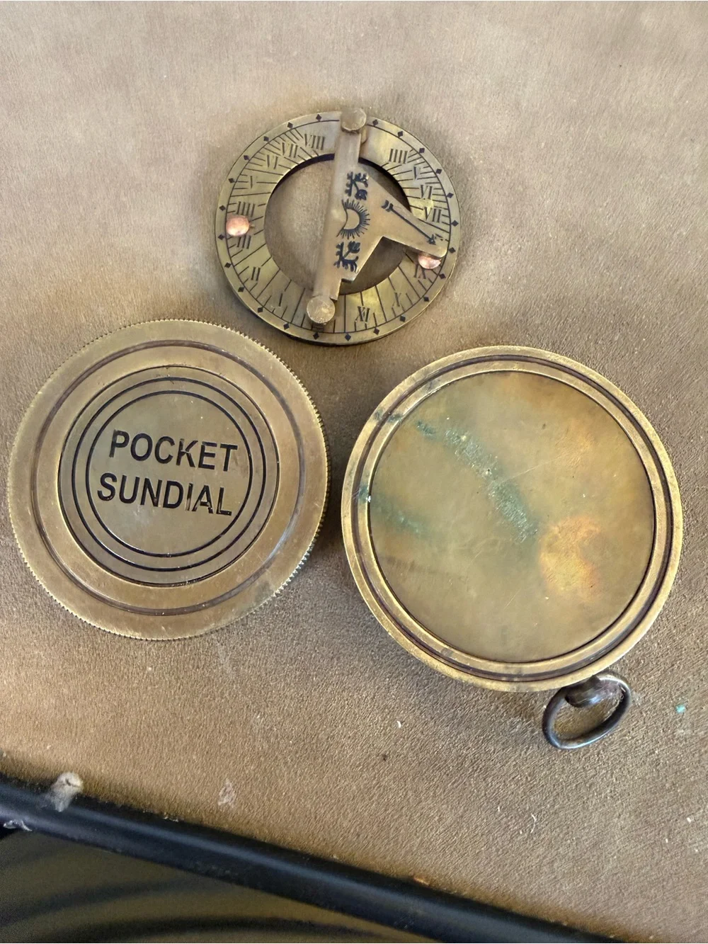vintage-style brass pocket sundial compass world time display piece